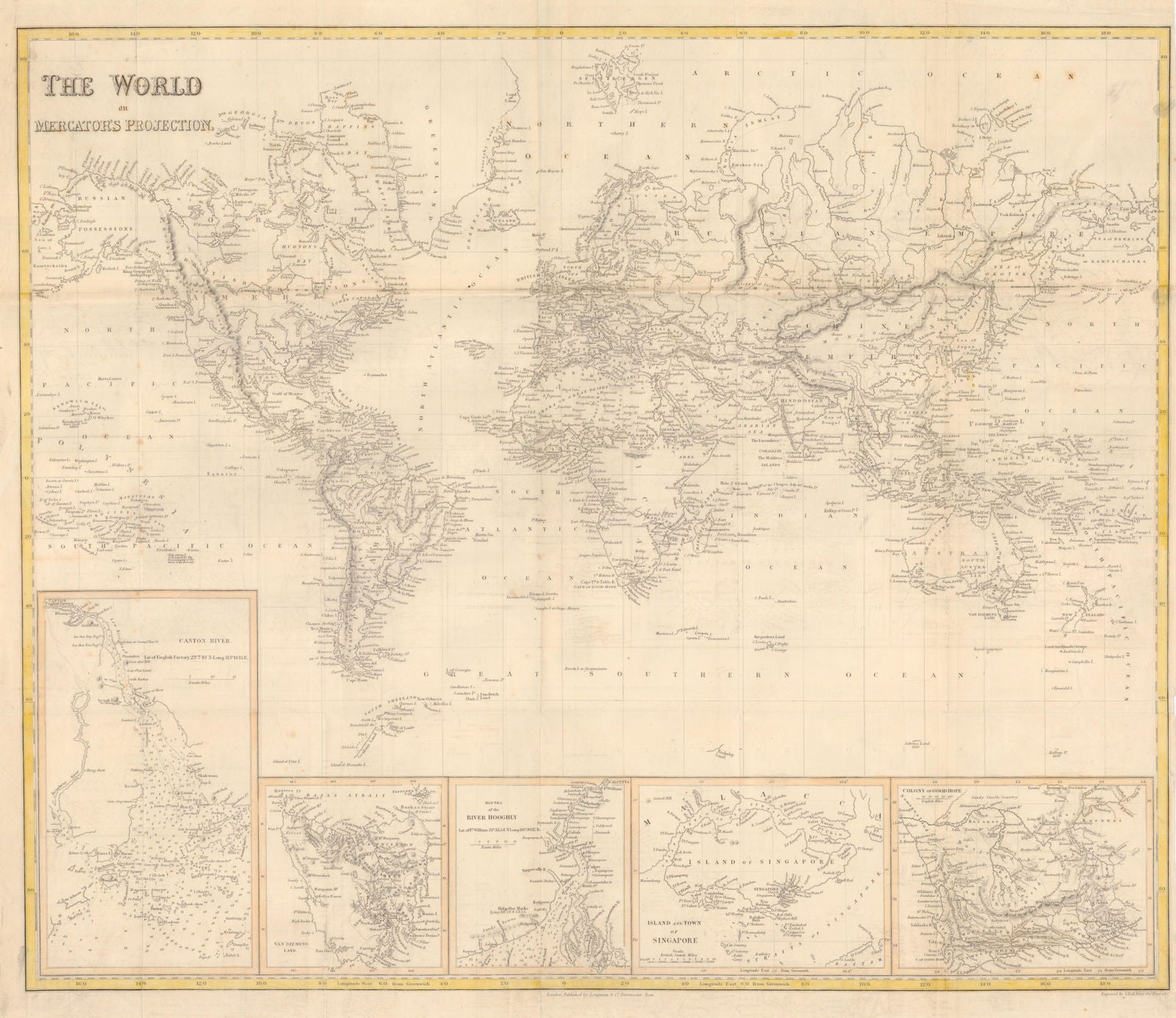 'World on Mercator's Projection'. HALL. Singapore town/island inset 1841 map